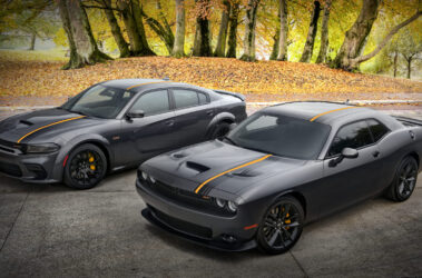 2022 Dodge Challenger GT RWD (near) and 2022 Dodge Charger Scat Pack Widebody, with HEMI® Orange appearance package.
